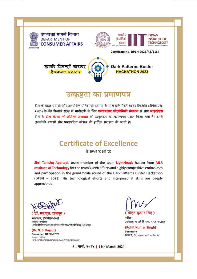 Dark Pattern Buster Hackathon finalist certificate